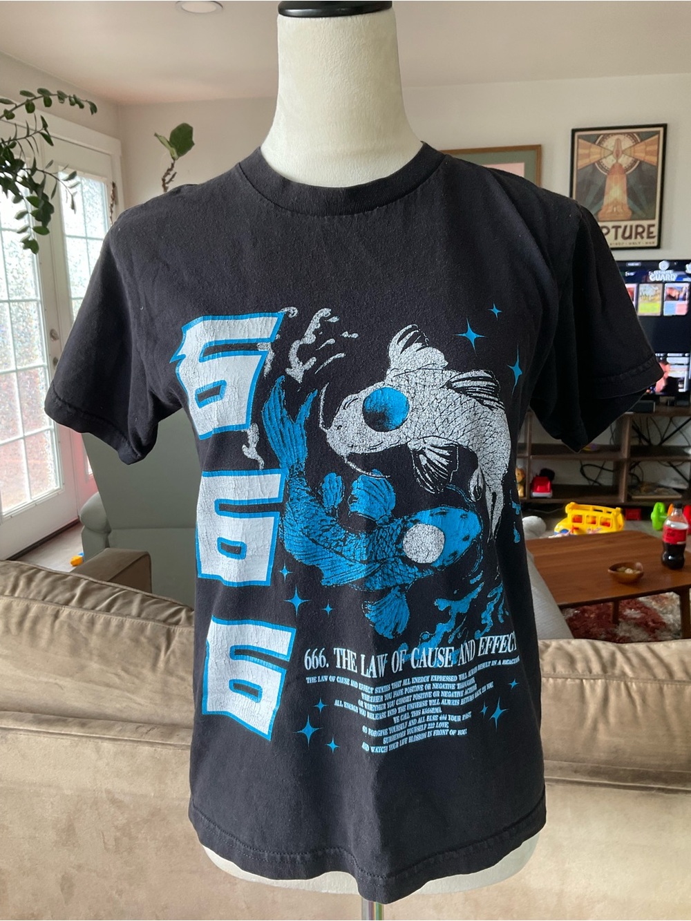 Black Graphic Tee with Blue & White Koi 666 Design Size Small